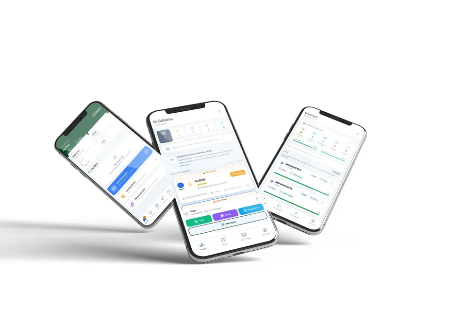 BYOB Sales, Rider, and Warehouse apps across three phones.
