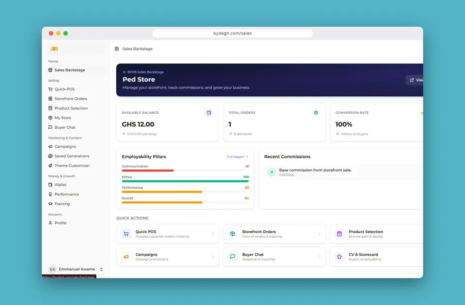 Browser view of the BYOB Sales Backstage portal, with store balance, orders, quick POS, and campaigns.