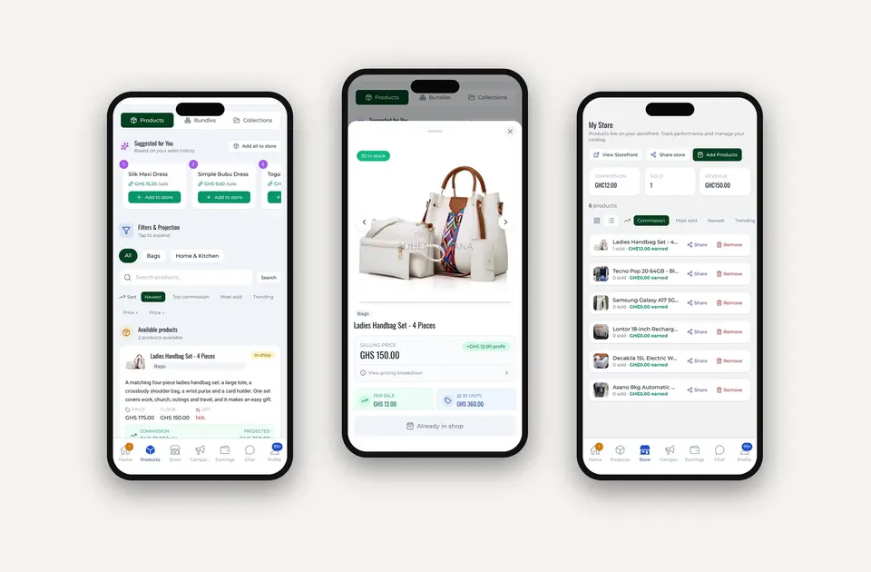 Three phones of the BYOB Sales app showing product selection, commission preview, and My Store.