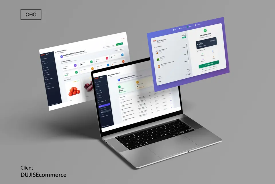 Laptop and floating panels showing the Dujis admin dashboard, refunds, and checkout.