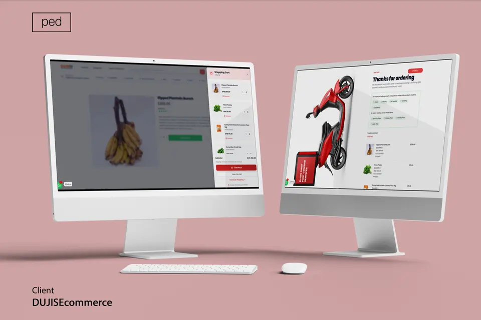 Two monitors showing a Dujis shopping cart and an order confirmation.