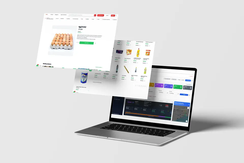 Dujis product pages floating over a laptop that includes a map.