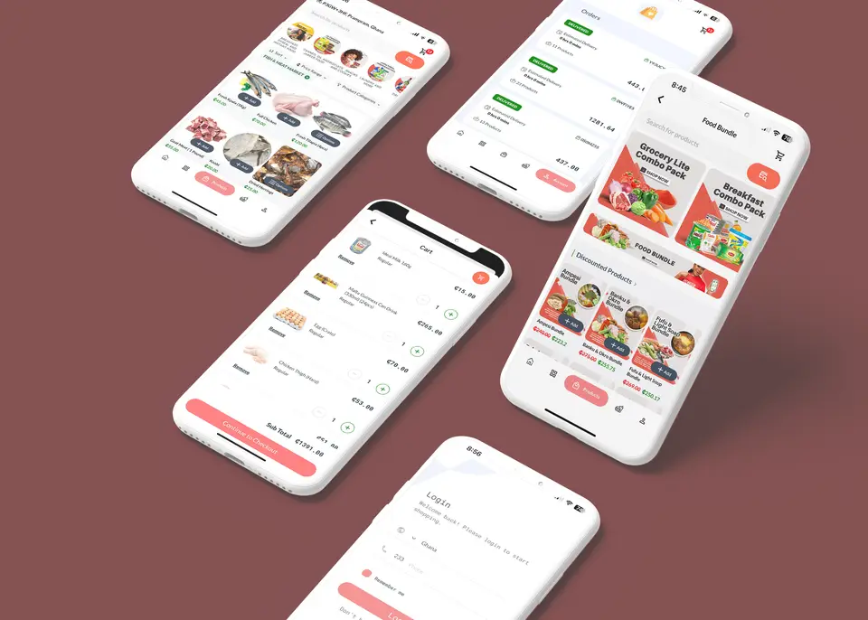 Five phones of the Dujis shop app, browsing groceries, a cart, orders, food bundles, and sign-in.