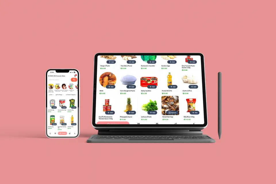 Phone and tablet showing the Dujis grocery catalogue.