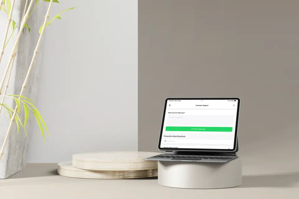 Tablet showing the Dujis customer-support screen.