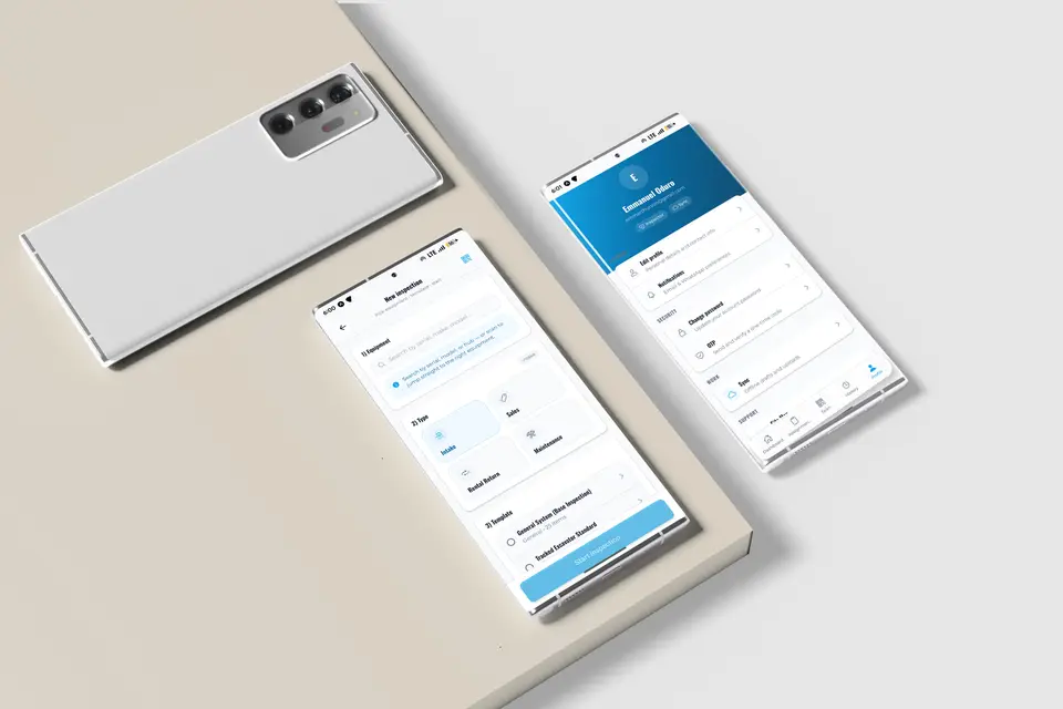 Phones showing Equipment Hub account and edit-profile screens.