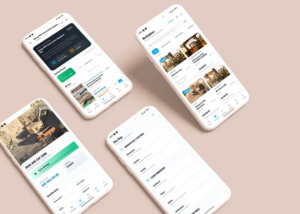 Four phones of the Equipment Hub app, an auction update, the marketplace, a machine, and the app menu.