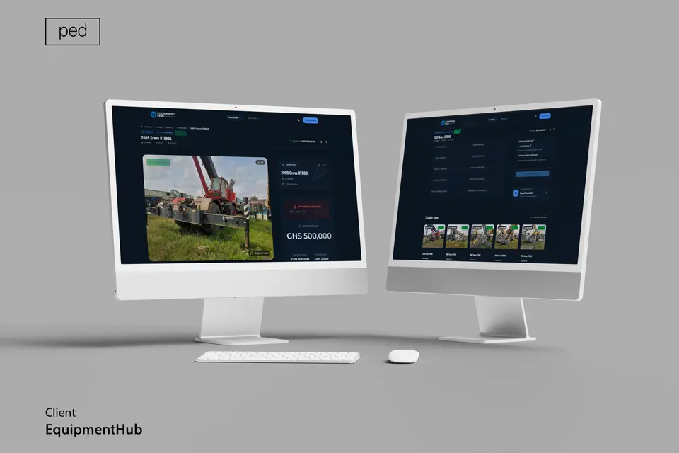Two monitors showing an Equipment Hub machine page and an admin screen.