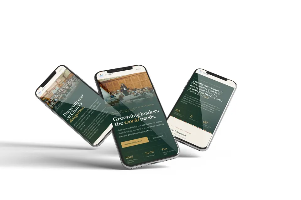 Three phones showing the GUNYO delegation page, the homepage, and the Ghana at the UN archive.