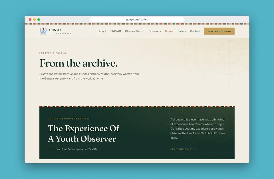 Browser view of GUNYO Stories, essays and letters from Ghana’s UN Youth Observers.