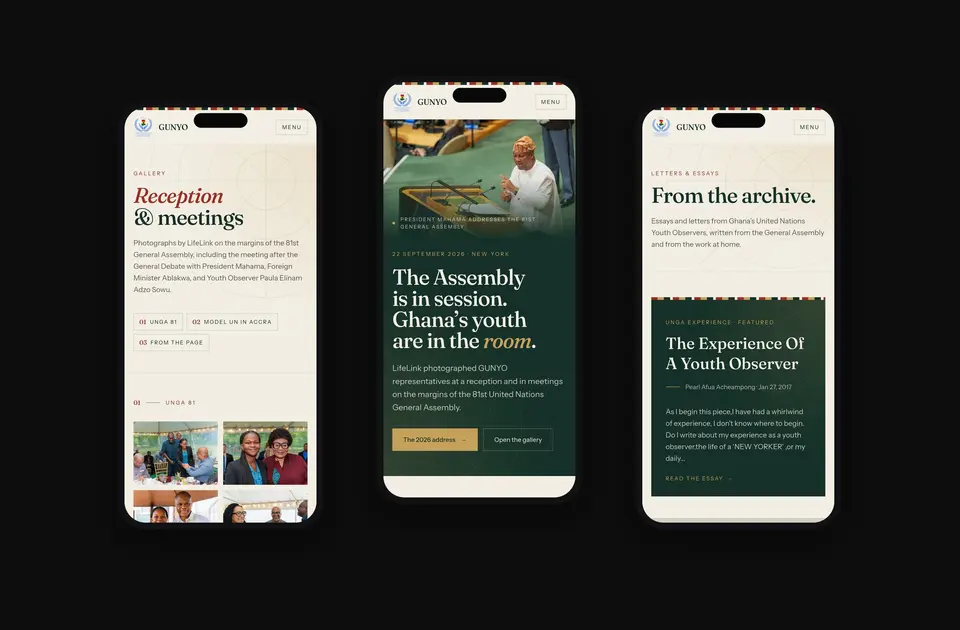 Three phones showing the UNGA 81 reception gallery, the General Assembly feature, and Letters and Essays.