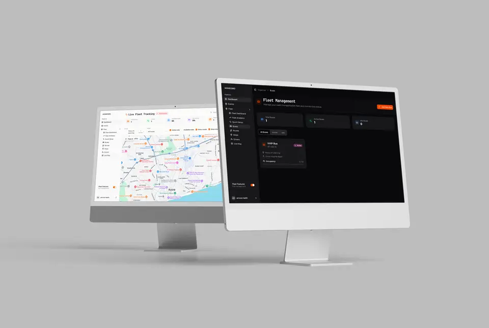 Movecord live fleet map beside a Fleet Management screen.