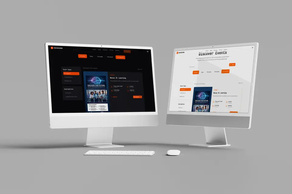 Two iMacs showing Movecord event listings in light and dark.