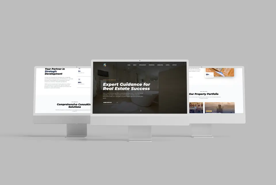 Three monitors showing real-estate guidance and a property portfolio.