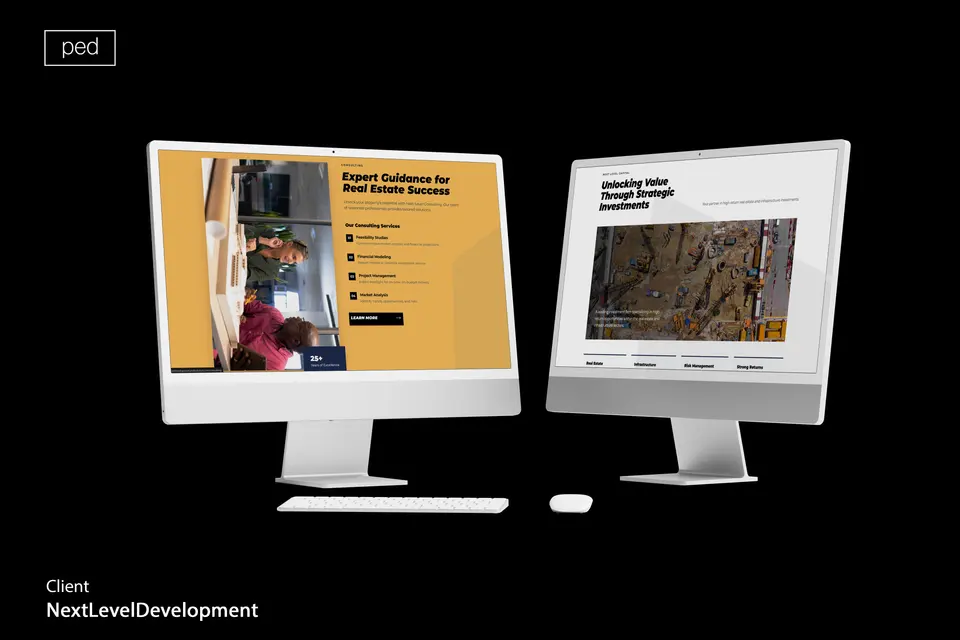 Two monitors showing the Nextlevel Development website.