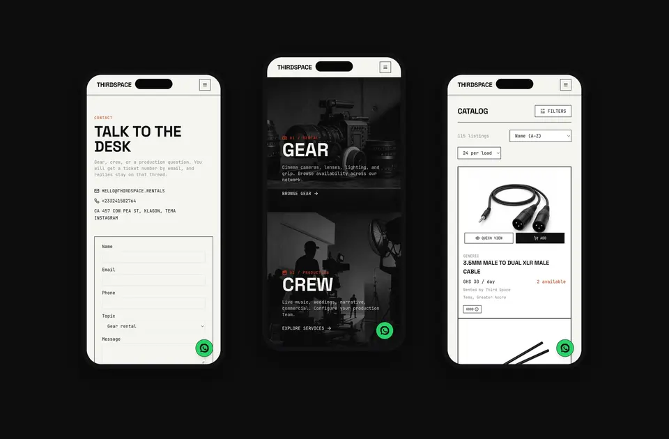 Three phones showing the Talk to the Desk contact form, the Gear and Crew landing, and the rental catalogue.
